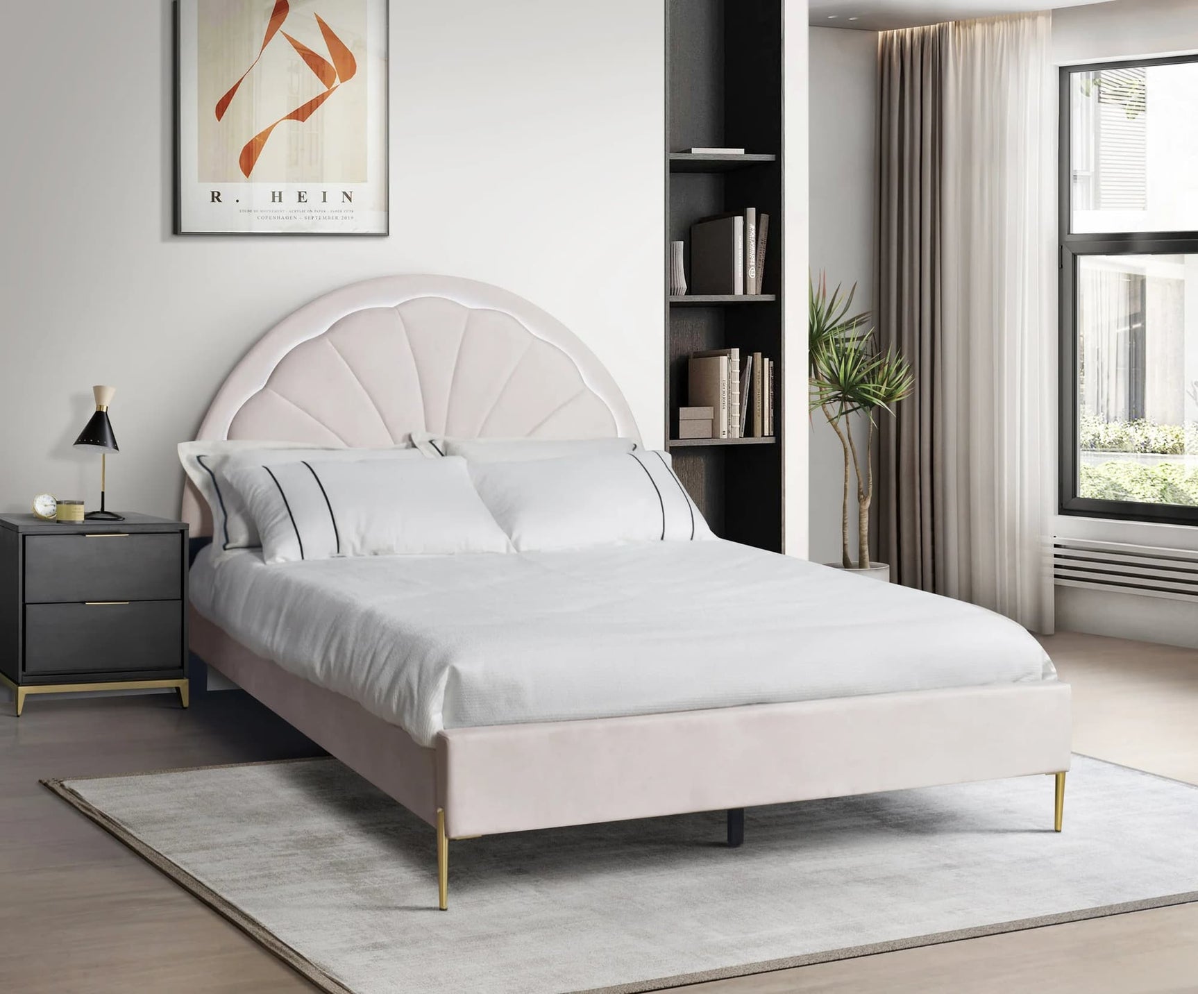 Flora Pink Full Platform Bed front view with LED headboard lights