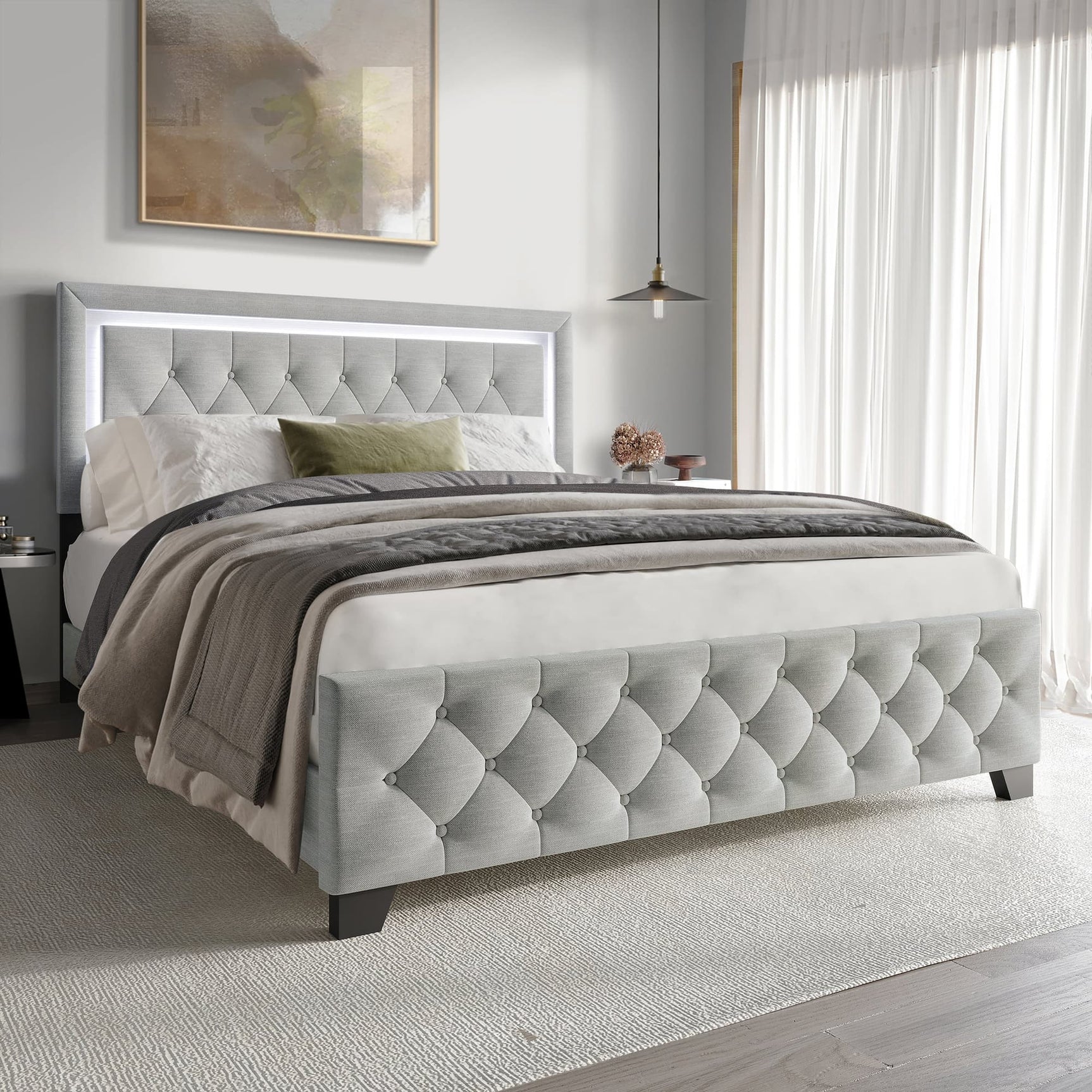 Oluma Gray Upholstered Tufted Panel Queen Bed front view