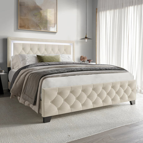 Oluma Beige Upholstered Tufted Panel King Bed front view
