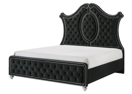 Cameo Black Upholstered Tufted Panel Queen Bed front view
