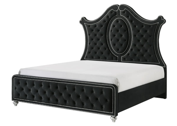 Cameo Black Upholstered Tufted Panel Queen Bed front view