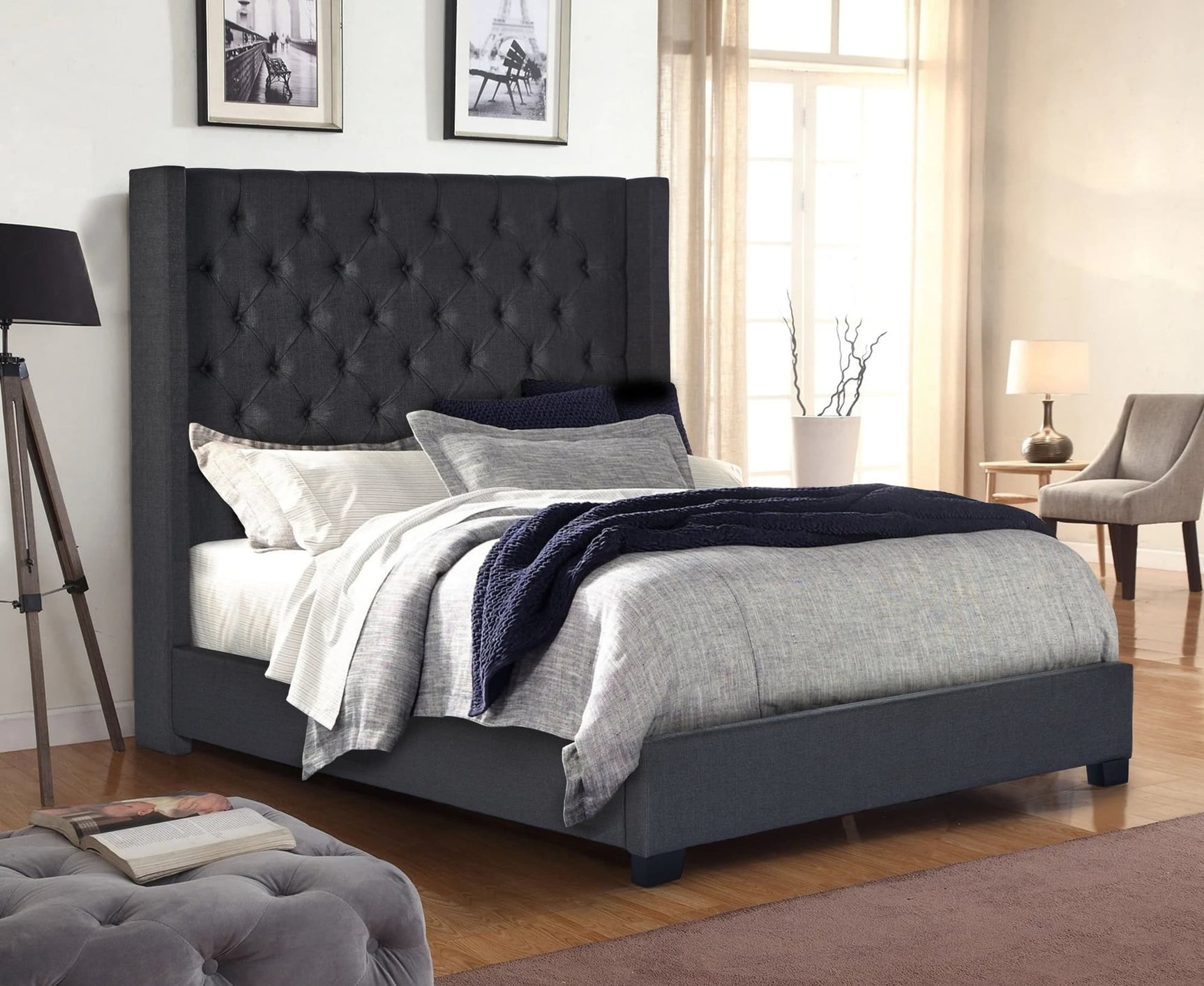 Hunni Charcoal Upholstered Tufted King Bed front view