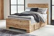 Hyanna tan brown full panel bed front angle with side storage drawers open