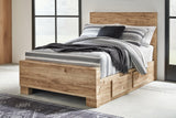 Hyanna tan brown full panel bed front angle with side storage drawers open