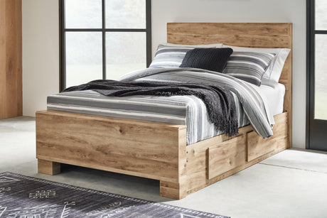 Hyanna tan brown full panel bed front angle with storage drawers