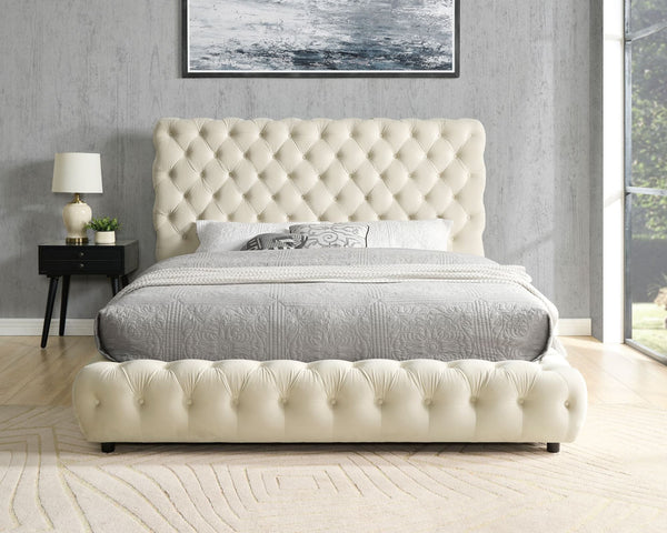 Dream Beige Velvet Platform King Bed in beige velvet upholstery from front angle