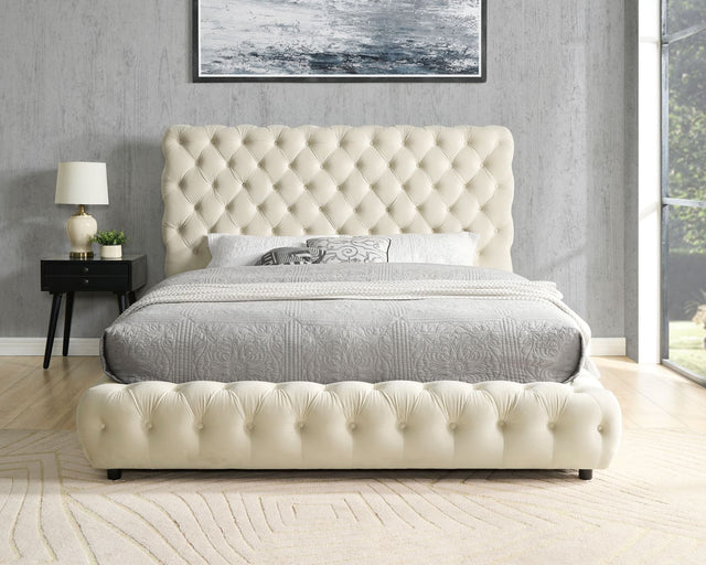 Dream Beige Velvet Platform King Bed in beige velvet upholstery from front angle