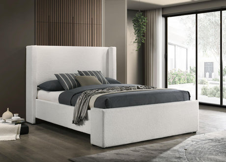 Front angle of Alamosa white boucle upholstered queen wingback bed
