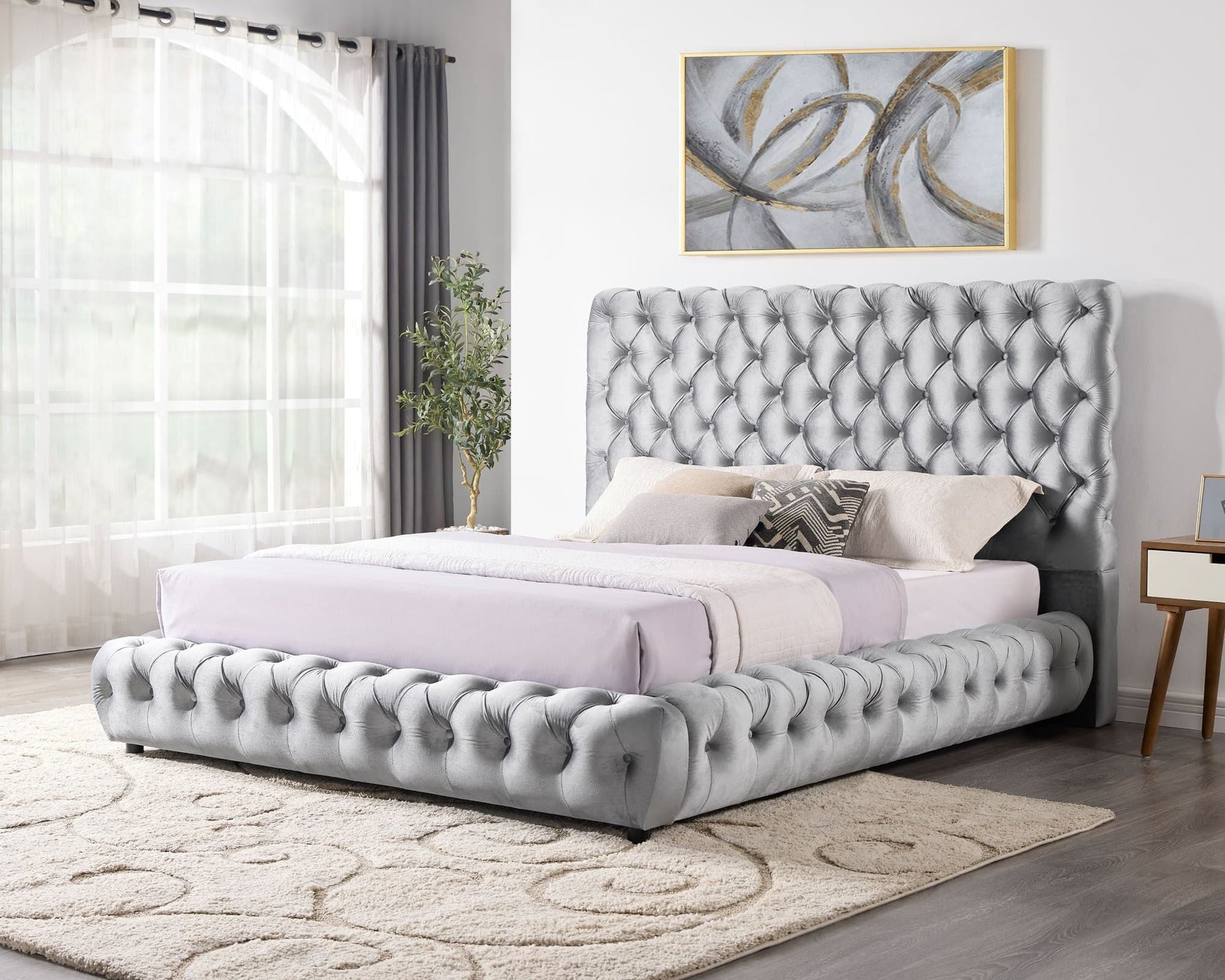 Dream Gray Velvet Platform King Bed, side view