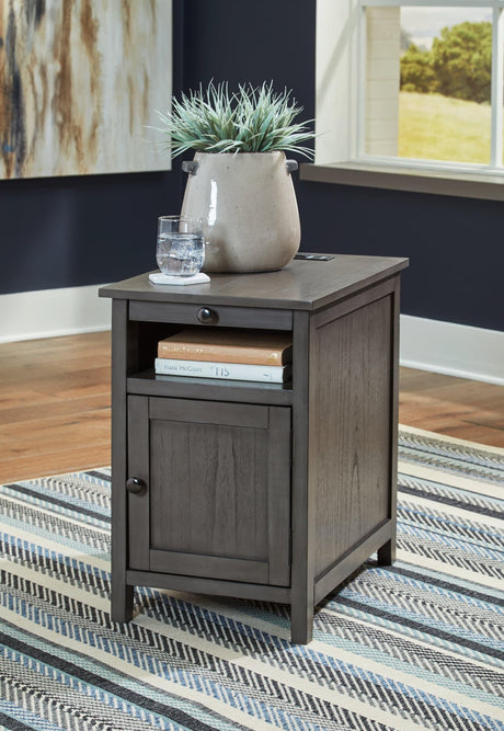 Treytown Gray Chairside End Table front view with closed door