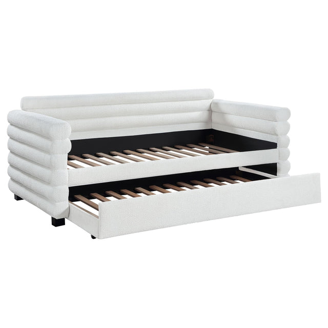 Patricia Boucle Upholstered Twin Daybed with Trundle in white, front view
