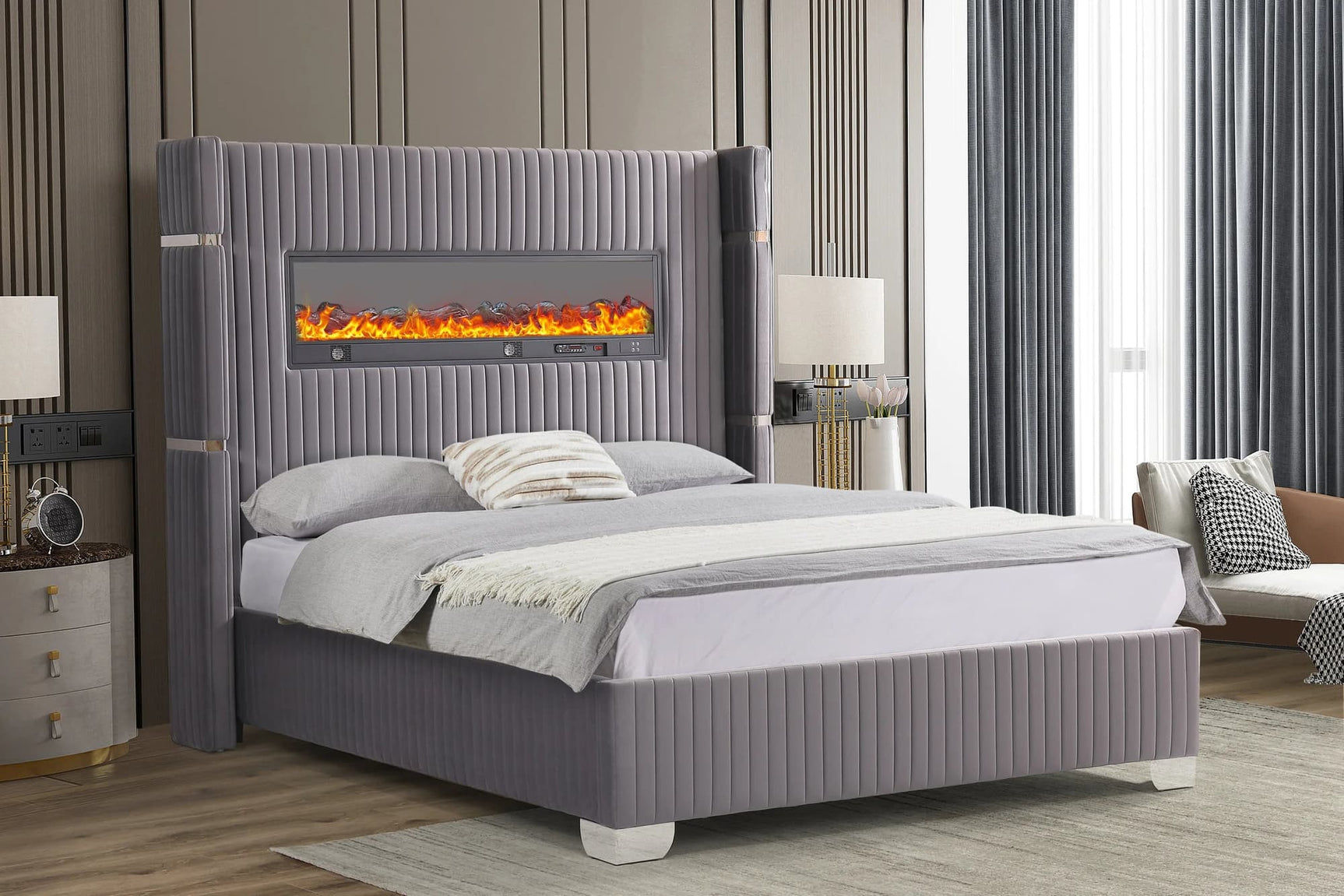 Romance Gray Queen Platform Bed, angled front view showing headboard