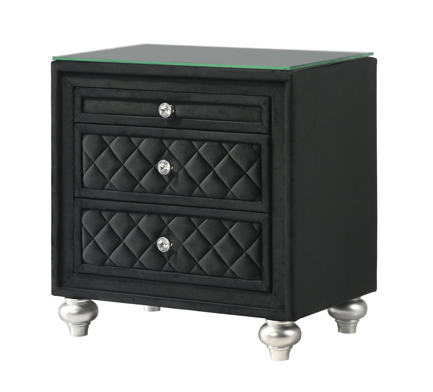 Cameo Black Nightstand front view showing tempered glass top