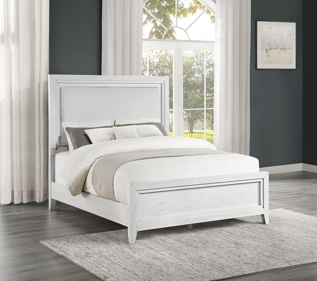 Marielle Queen Upholstered LED Panel Bed Distressed White front view