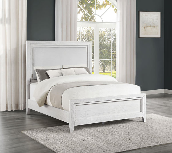 Marielle Eastern King LED Panel Bed Distressed White full bed view
