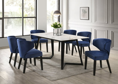 Hamilton White and Blue dining table with six chairs in dining room view