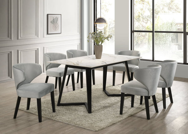 Hamilton White Silver Dining Room Set front view with ceramic tabletop and six chairs