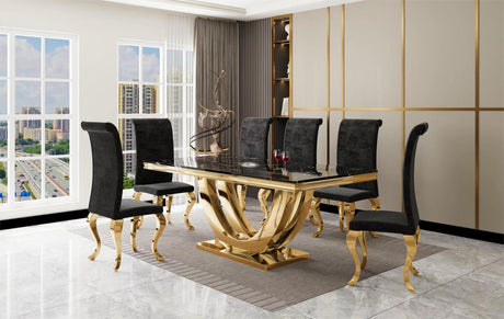 Main view of Era Black Dining Table with 6 Black Velvet Chairs
