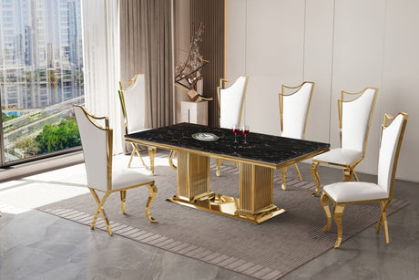 Deka Gold white dining table with six chairs front view