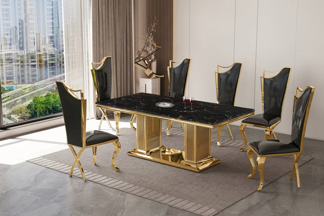 Deka Gold Black dining table with six black chairs, main view