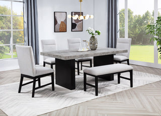 Sebastian dining table main view showing light gray top and black legs