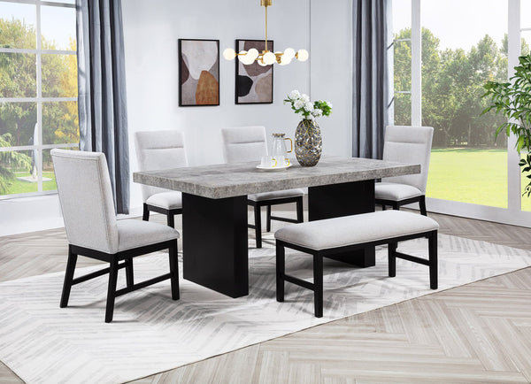 Sebastian dining table main view showing light gray top and black legs
