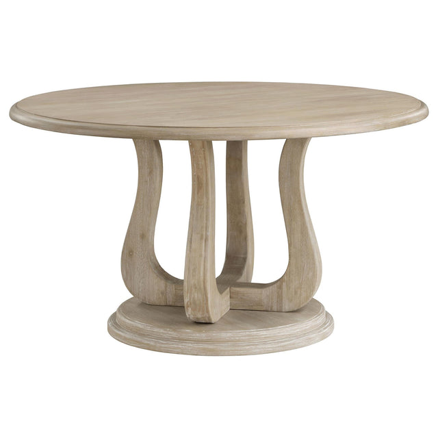 Trofello round 60-inch white washed pedestal dining table front view