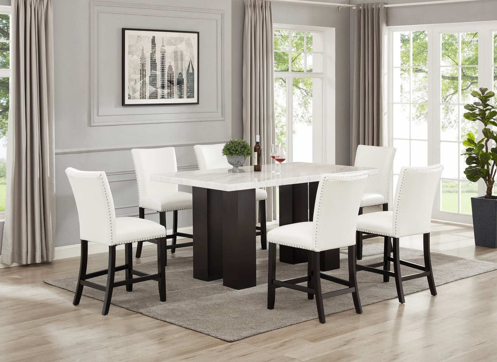 Finley white marble counter height dining table set, main front view
