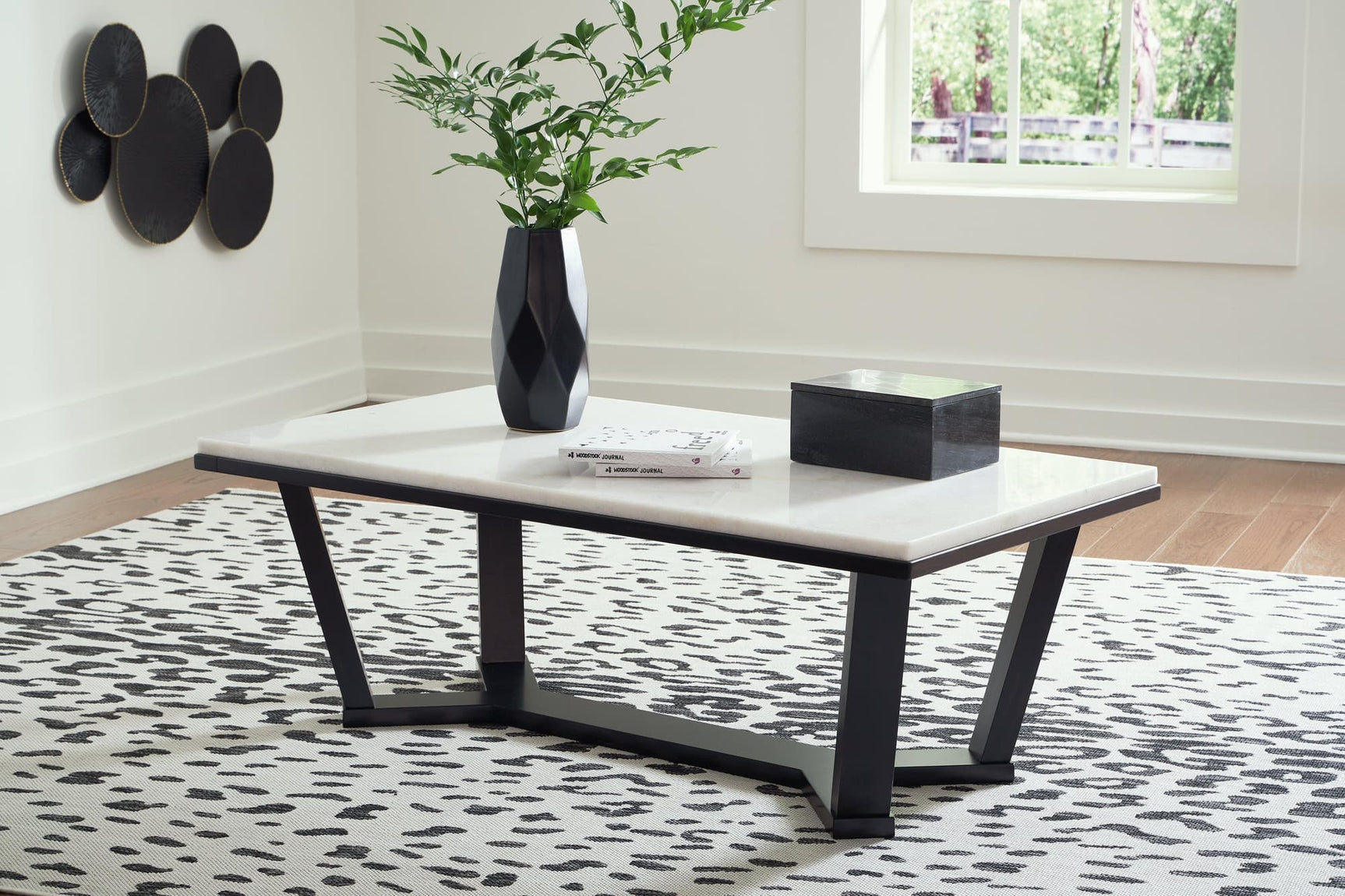 Fostead Coffee Table angled view with white marble top and espresso base
