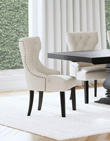 Baney beige fabric upholstered dining side chair front view