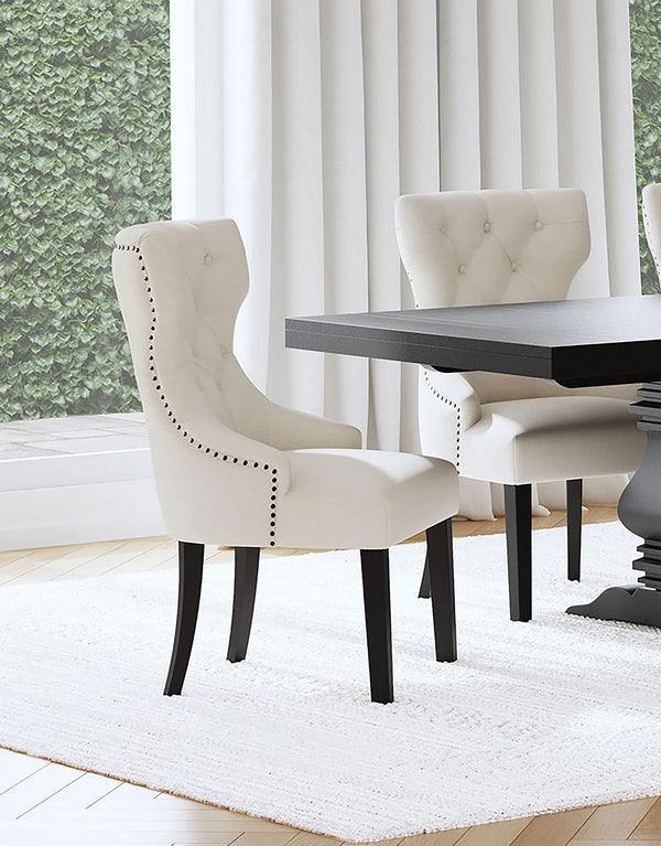 Baney beige fabric upholstered dining side chair front view