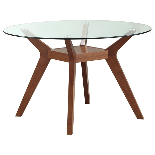 Paxton round 48-inch glass top wood dining table in nutmeg finish - front angle