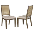 Matisse dining side chair with woven rattan back and beige upholstered seat, front view