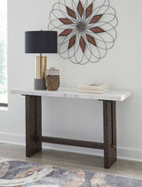 Burkhaus Mable Sofa Table front view showing marble top and plinth base