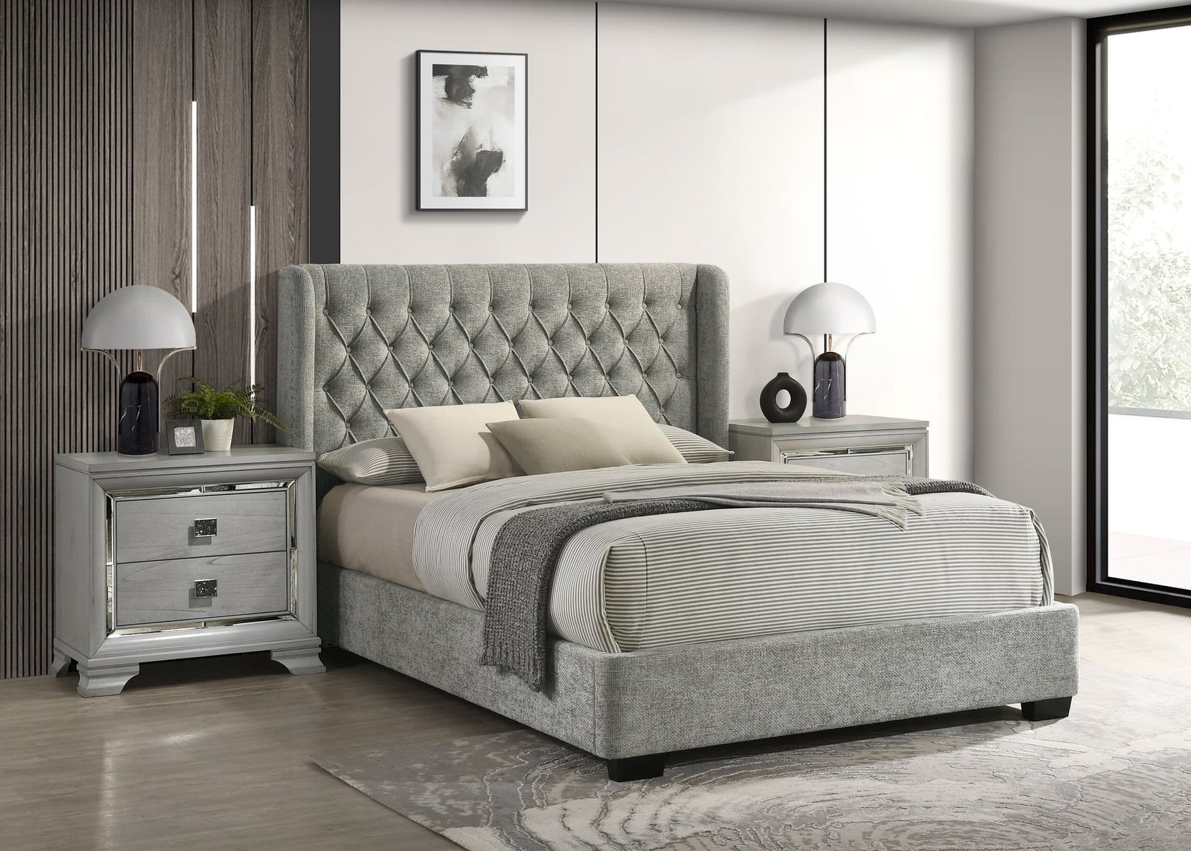 Daphne Light Gray Upholstered Tufted Panel King Bed front view