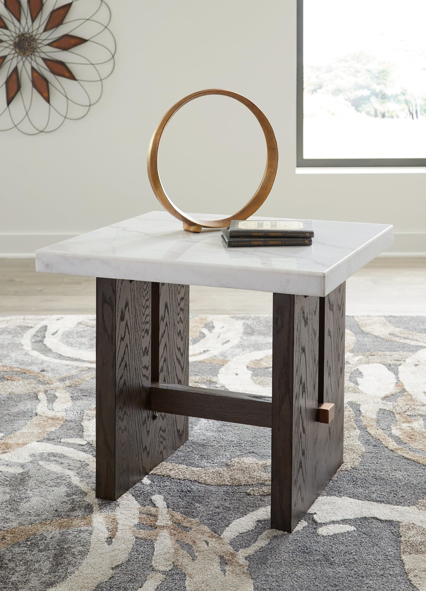 Burkhaus end table with white marble top and dark brown oak base, angled view