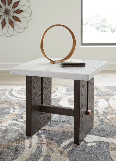 Burkhaus end table with white marble top and dark brown oak base, angled view