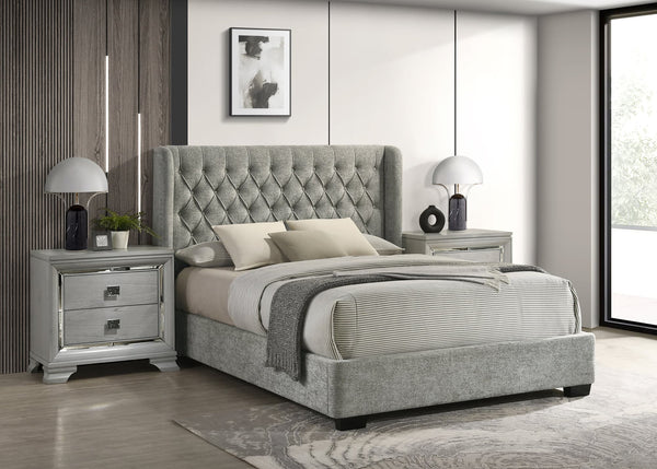 Daphne Light Gray Upholstered Tufted Panel Queen Bed front view