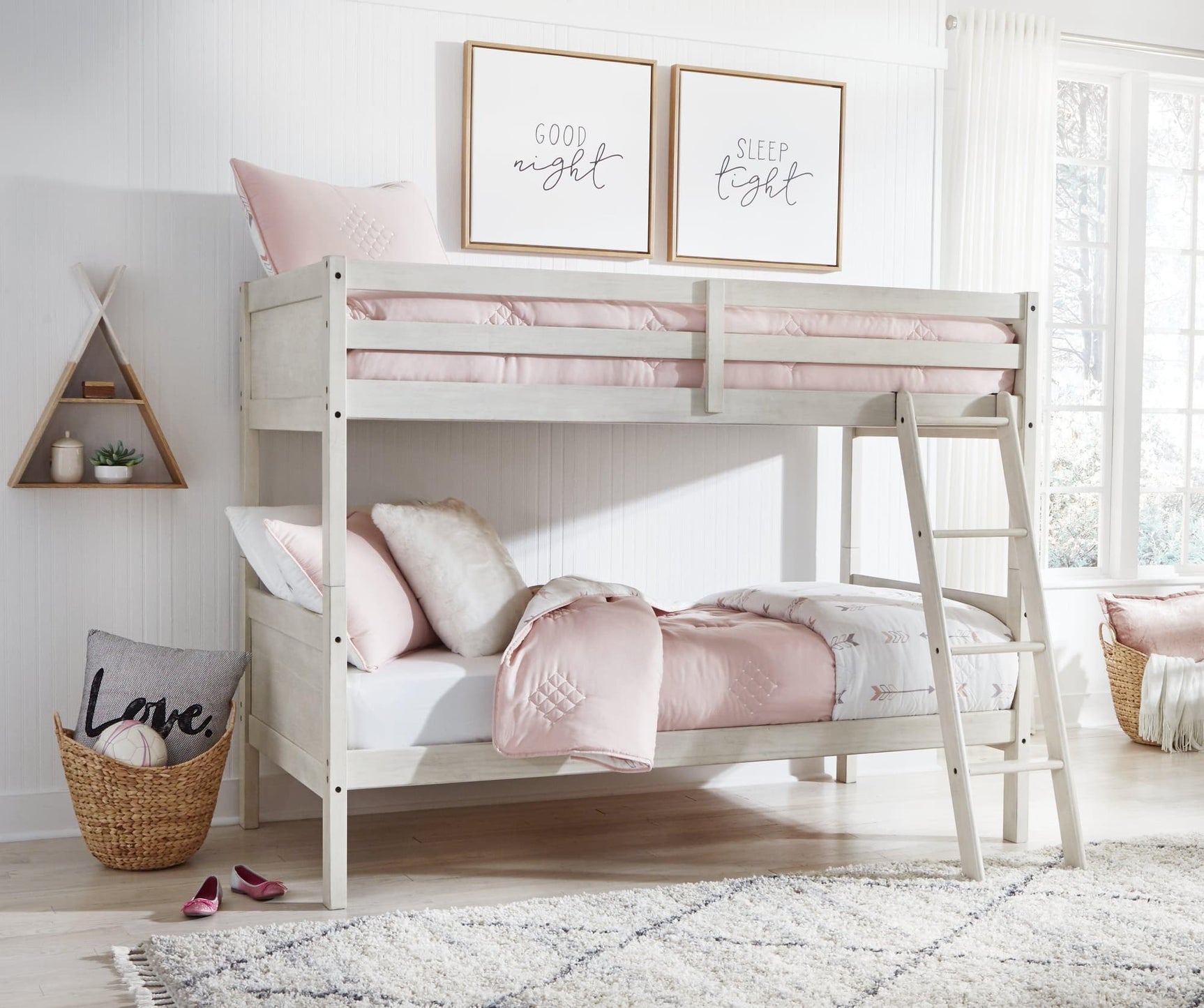 Robbinsdale Antique White Twin-Over-Twin Bunk Bed front angle
