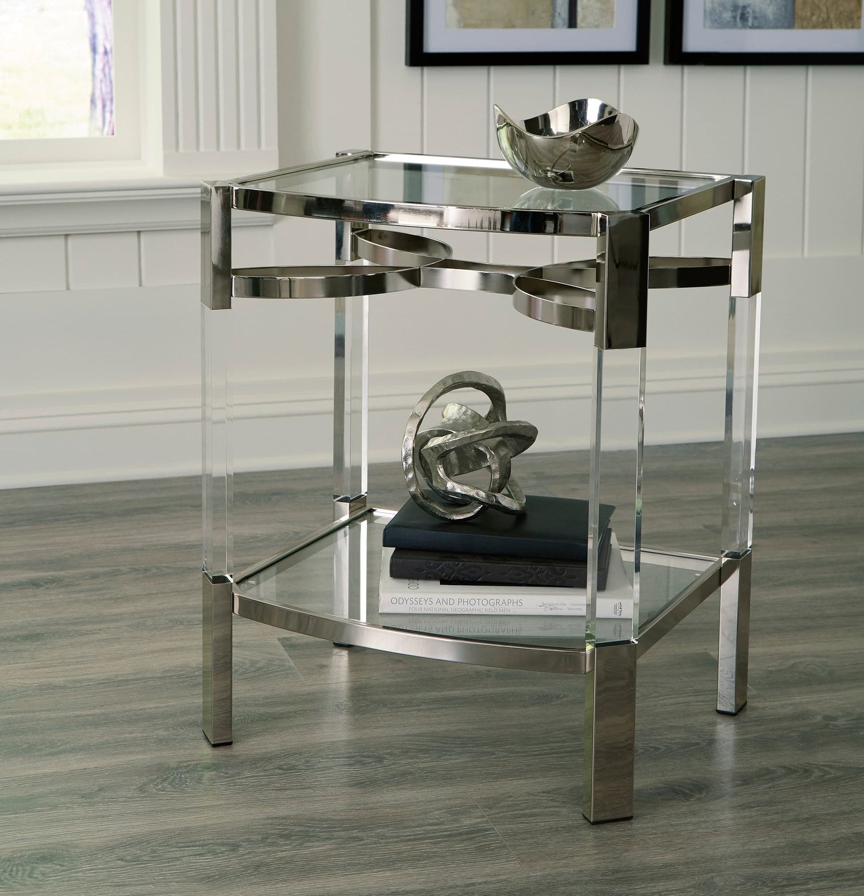 Chaseton Clear and Silver Accent Table with glass top and silver metal frame