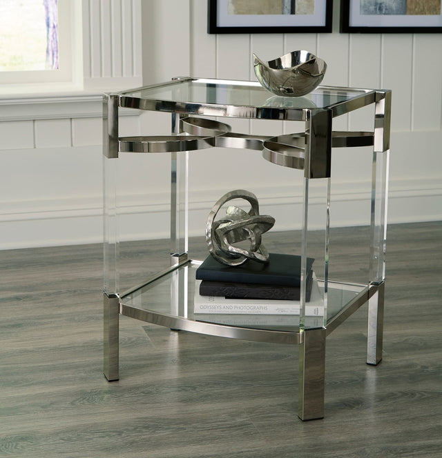 Chaseton Clear and Silver Accent Table with glass top and silver metal frame