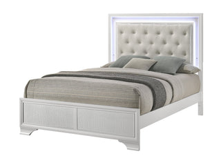Lyssa Full size upholstered tufted panel bed, front view with LED lighting