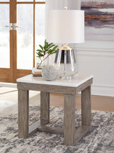 Loyaska End Table, front angle showing marble top and wood base