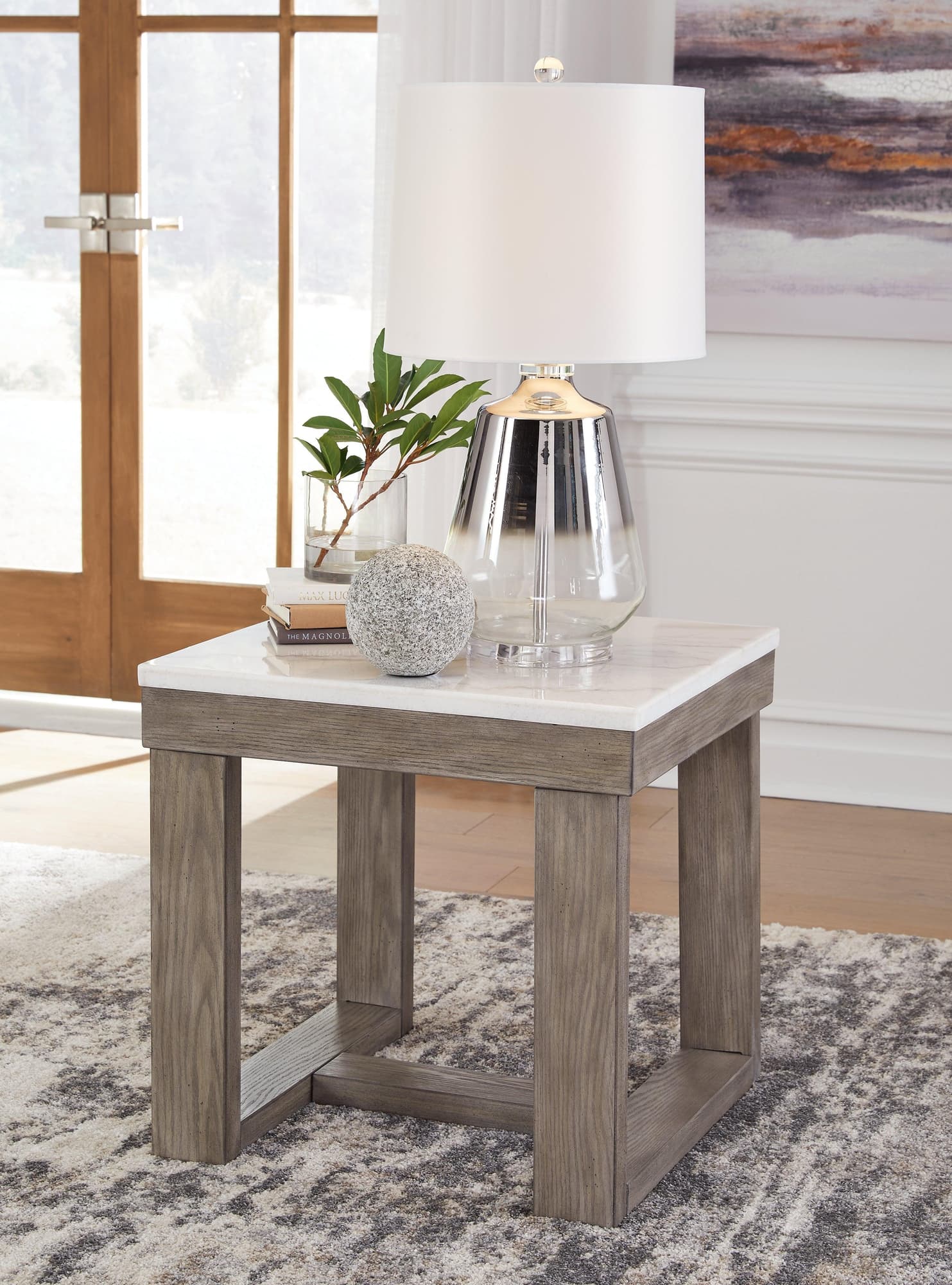 Loyaska End Table, front angle showing marble top and wood base