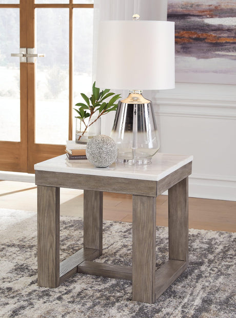 Loyaska End Table, front angle showing marble top and wood base