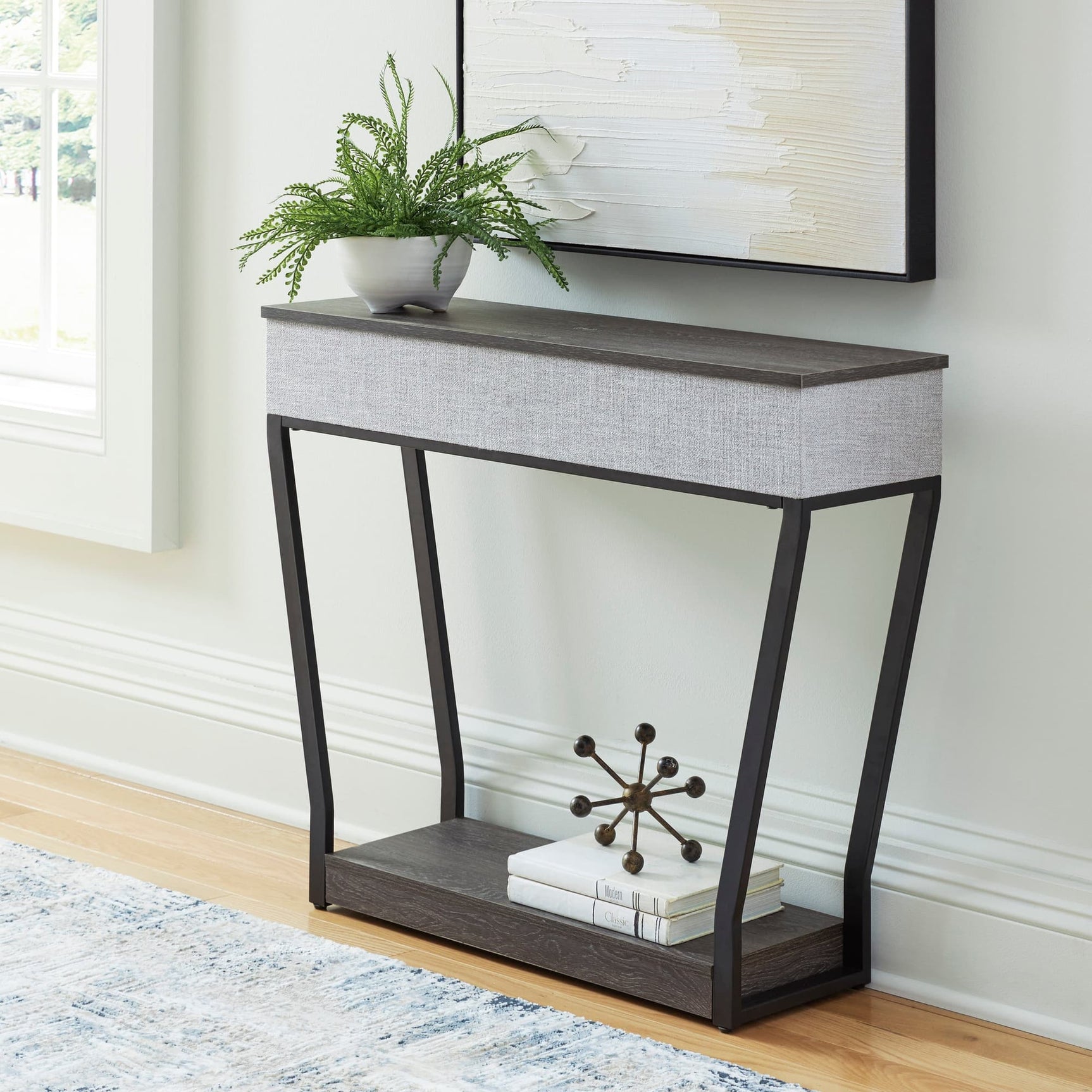 Sethlen Console Sofa Table with wireless speaker and charger - angled front view