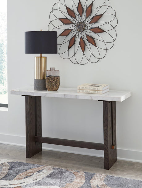 Burkhaus sofa table with white marble top and dark brown base - front angle