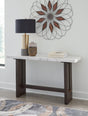 Burkhaus sofa table with white marble top and dark brown base - front angle