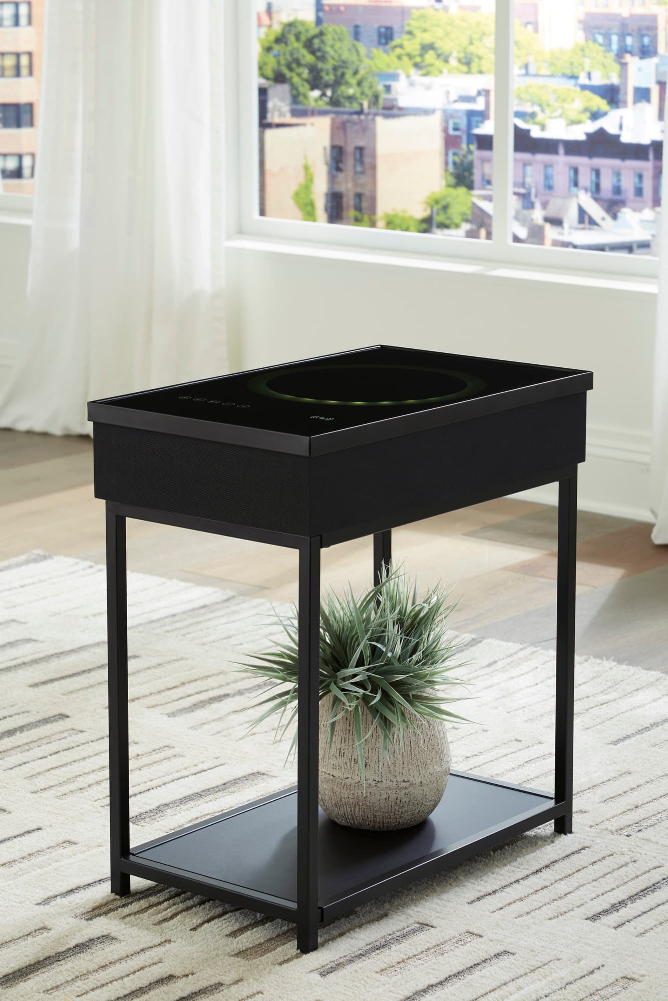Gemmet black accent table front view showing glass tabletop and metal frame