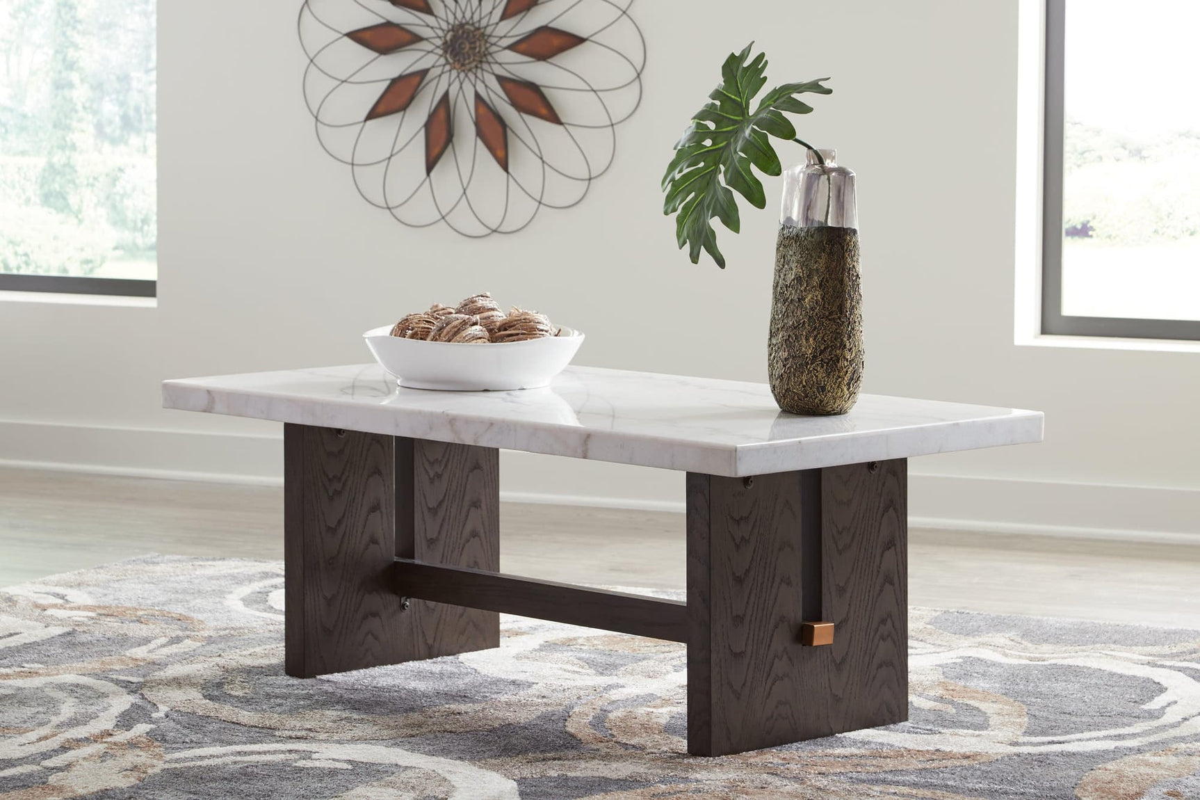 Burkhaus Dark Brown and White Marble Coffee Table front angle